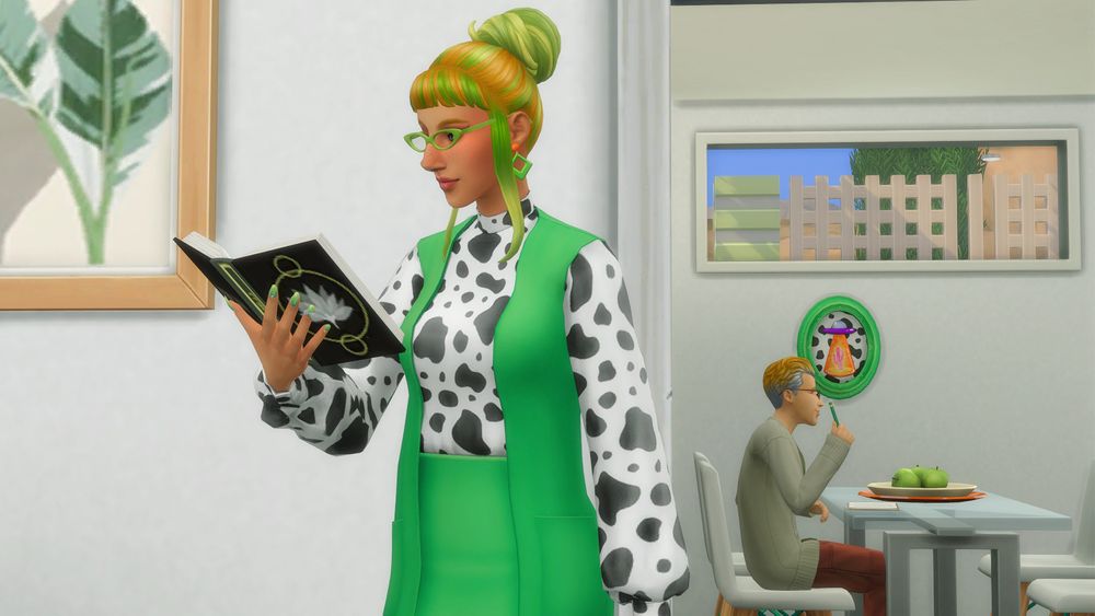 Screenshot of two sims in the sims 4. The first sim is a female reading a book. The second sim is a male seated in the background, grading assignments for his education career. 