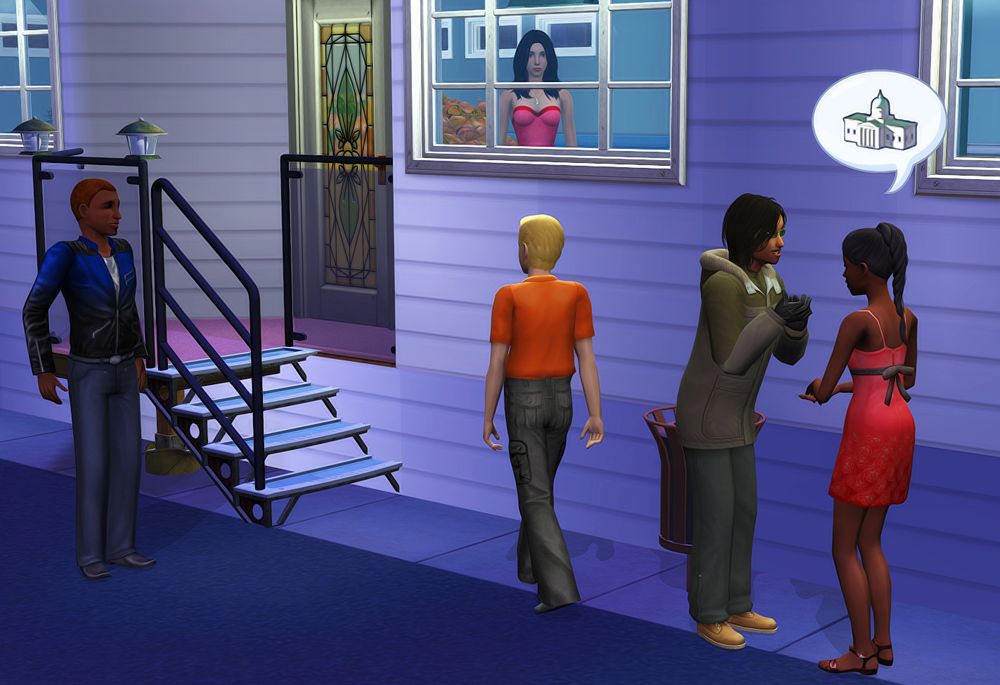 screenshot of sims chatting outside while bella goth stares out from the window