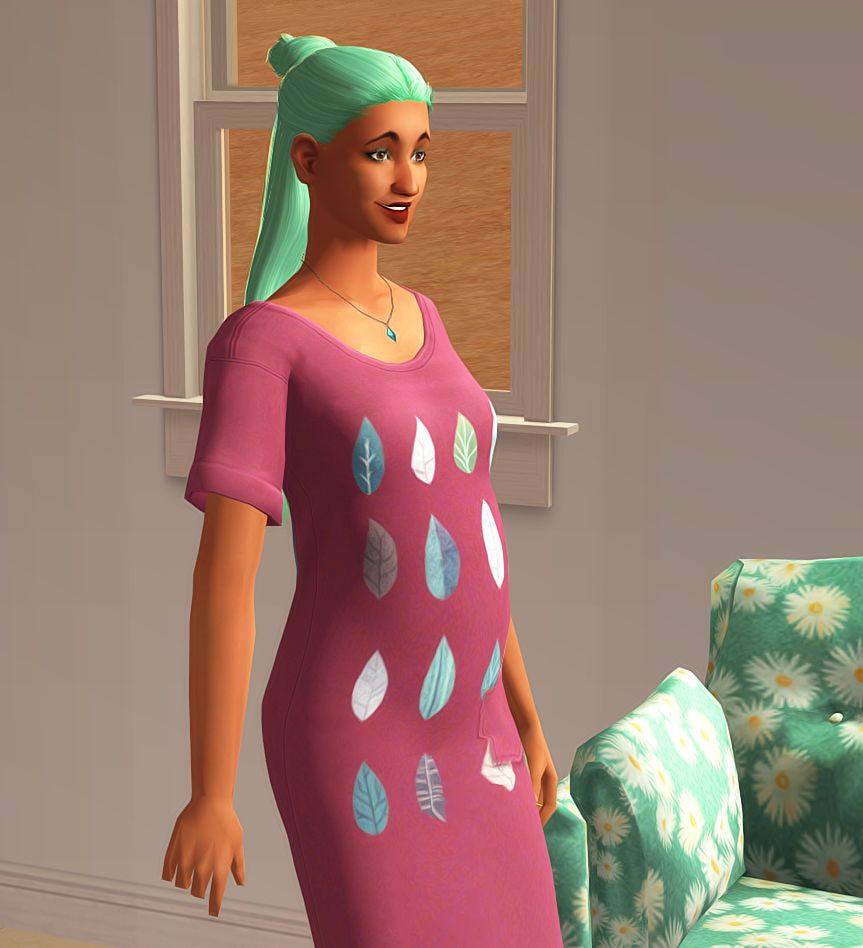 screenshot of a female sim with her first trimester baby bump