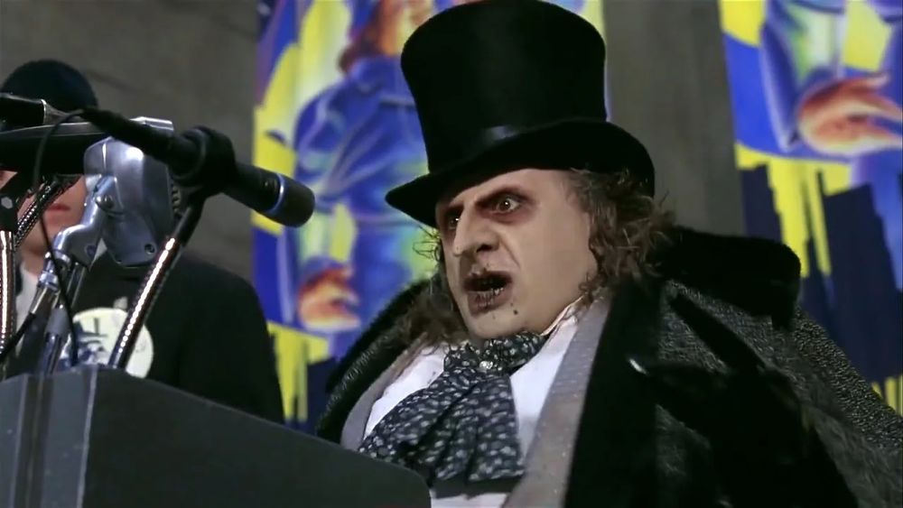 Danny DeVito as 'The Penguin' running for mayor of Gotham in Batman Returns.