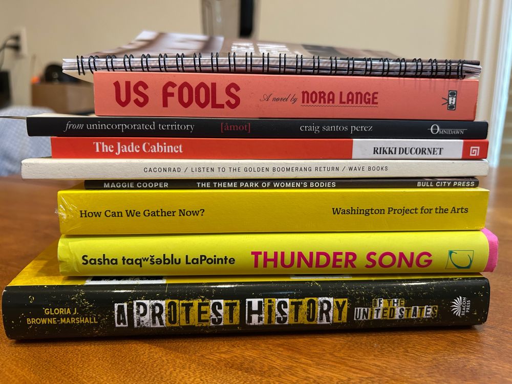 stack of books (plus two games shown/described in the next photo):

US FOOLS by Nora Lange
[åmot] by craig santos perez
THE JADE CABINET by Rikki DuCornet
LISTEN TO THE BOOMERANG RETURN by CAConrad
THE THEME PARK OF WOMEN’S BODIES by Maggie Cooper
HOW CAN WE GATHER NOW? ed by Prem Krishnamurthy and Asad Raza
THUNDER SONG by Sasha LaPointe
A PROTEST HISTORY OF THE UNITED STATES by Gloria Browne-Marshall