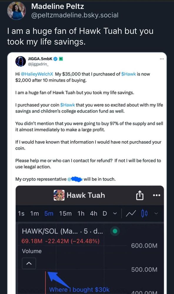 A twitter idiot lost $32k buying the Hawk Tuah girl's shitcoin and is threatening legal action from a "crypto representative"