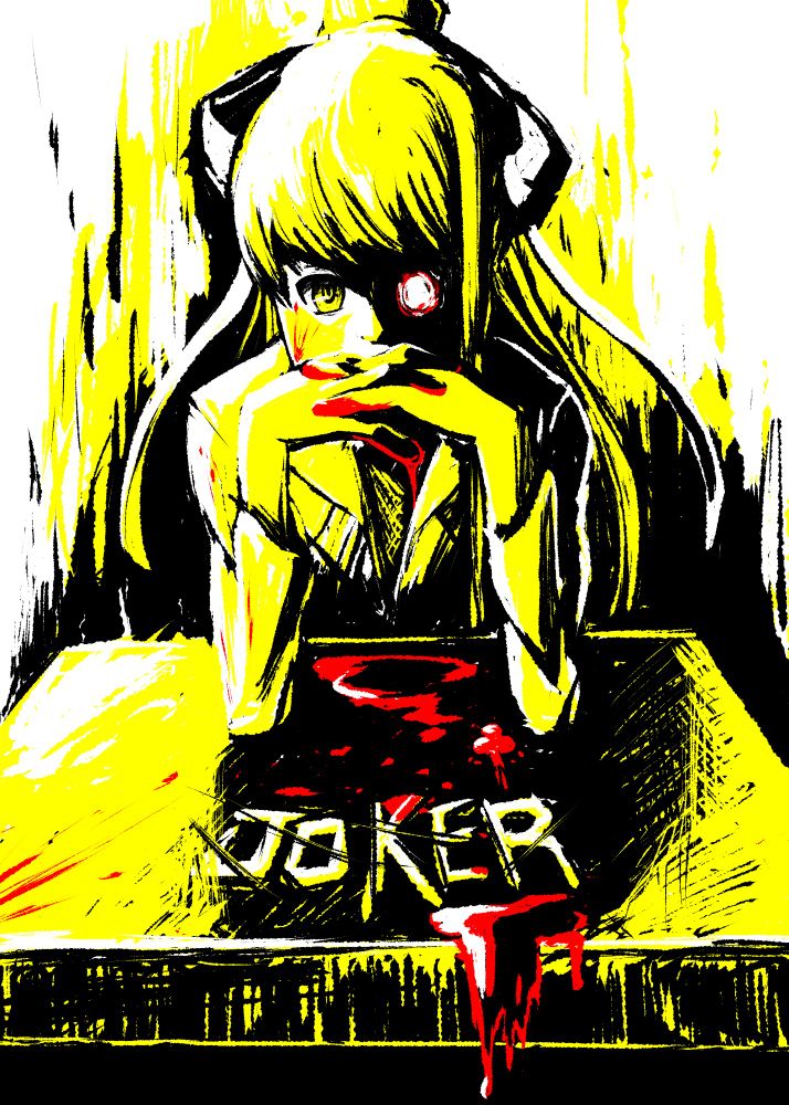 This is an older drawing Monika from indie game Doki Doki Literature Club.  Here, she sits at a desk, holding her hands together in front of her face as she leans forward.  Her left, our right eye is evil and red, compared to her other, normal.anime eye.  The art style is much rougher, with lots of sratchy lines.