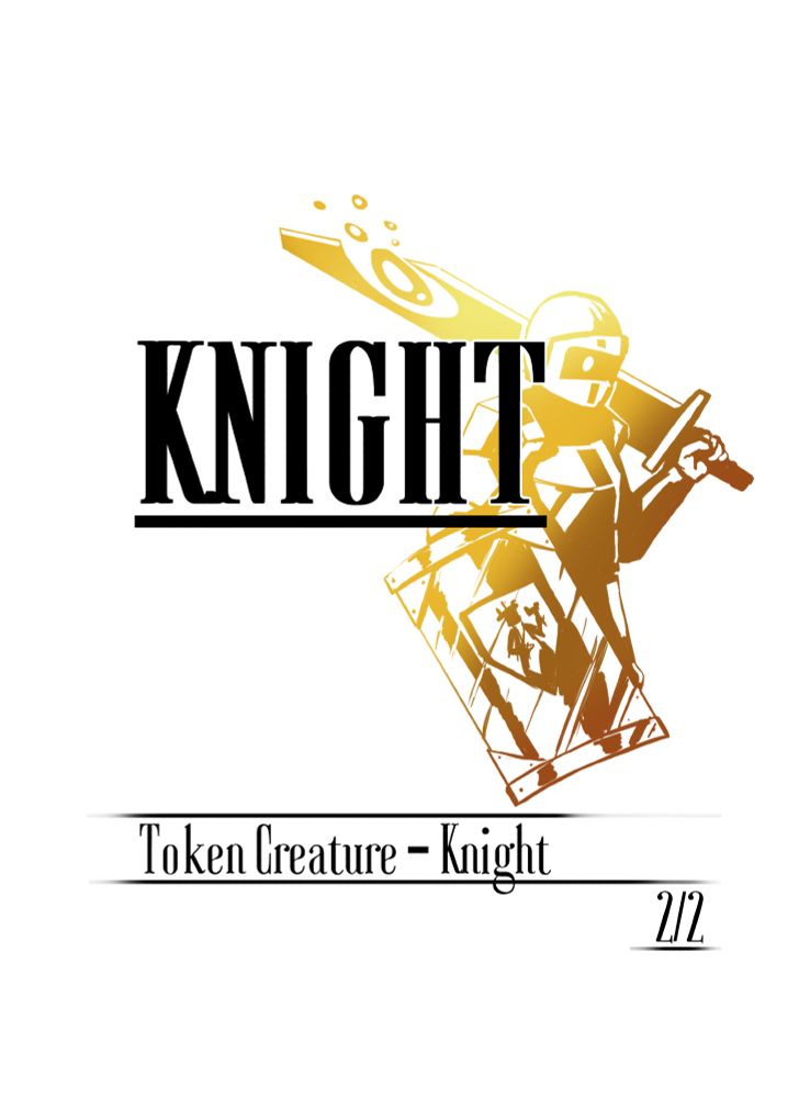 A 2/2 Knight token, featuring a knight holding soldier over its shoulder. It features a yellow-to-orange gradient.
