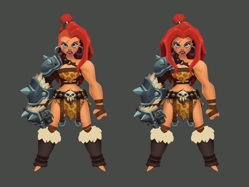 Couple versions of a Red-headed Warrior girl. Her right arm (in both versions) is covered in armor. Spikes on her gauntlets knuckles and shoulder pads. She has a leopard-print tube-top and matching skirt, cut to show off her thighs. She wears huge hoop earings and in one, has a far-superior side-cut.
