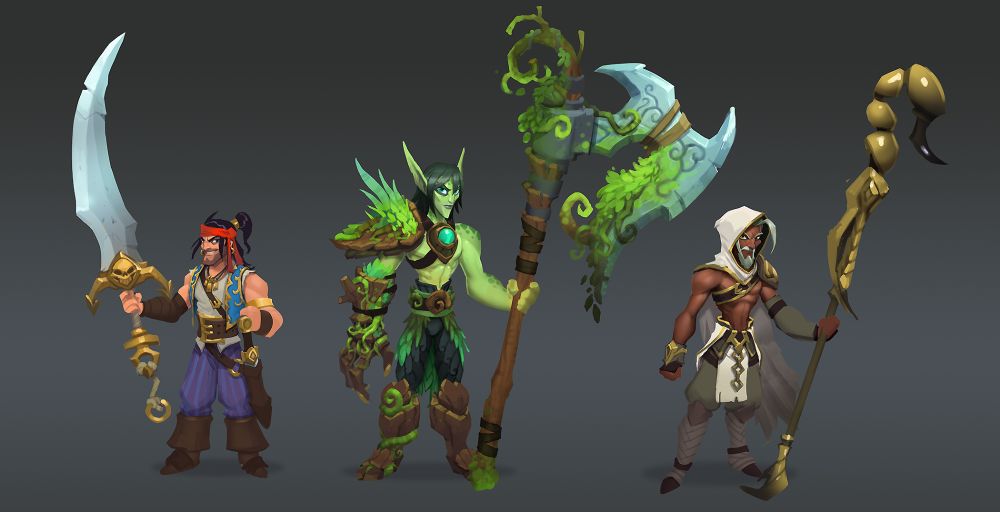 Line-up of some character concepts. The first, a swash-buckling pirate. Red bandanna tied around their head. Dark hair, in a ponytail. Brown leather belt across waist, wrists and chest. They hold a massive sword/scimitar. Silver, curved blade and golden hilt. The second, a green, woodland elf. Long ears, with dark green hair. One massive shoulder pauldron with grass growing out of it in spikes. That same arm, a big gauntlet like hand with fingers of bark and vines wrapping around the hand and forearm. They hold a massive axe in the other hand. The blad is curved, but looks like it may be carved from stone. It also looks overgrown with vines and tendrils of green. The last, a dark-skinned warrior who wears a white hood, covering their grey hair and beard. Grey cloth pants and bare chest and arms save for a bandoleer over their chest. They hold a massive gold stave that has a golden scorpion tail at it's end.