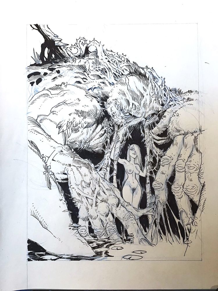 Image of DC Comics Swamp Thing and Abigail Arcane. Swamp Thing is huge, and sits hunched in the swamp, arms on knees, feet below the water. His fingers (hopefully) looking like roots going into the water. Abigail is naked, and stands under Swamp Things chin, using his triangular nose cape/green as a curtain.