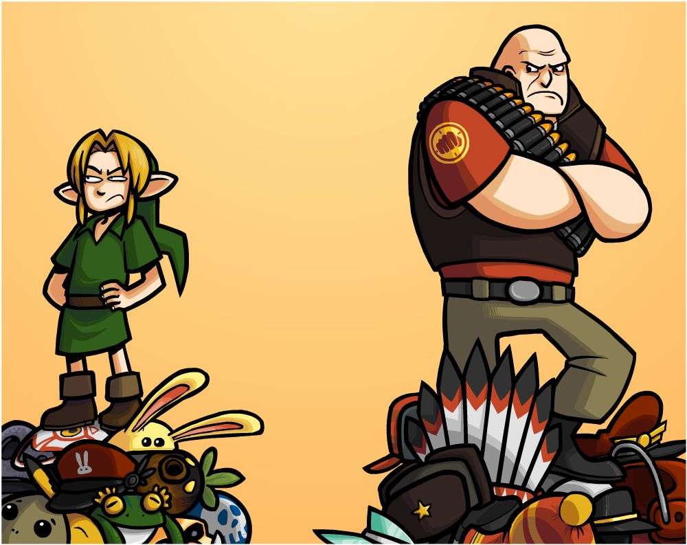 A no-dialogue comic featuring Link from Majora's Mask and The Heavy from Team Fortress 2. Link is standing atop his pile of masks earned from the game, and Heavy on his pile of various hats. They are both very jealous of each other's collection. Heavy is doing a poorer job of hiding his jealousy.