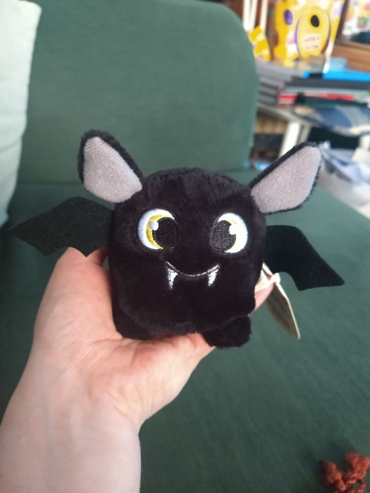 A very small black vampire bat plush with huge eyes and a smile. It is adorable. It is mostly face.