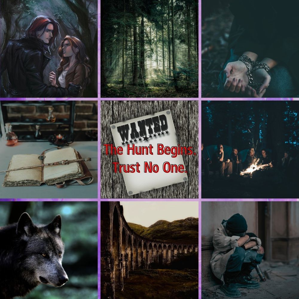 Grimoire Archive: Bounty Hunter book 1 Moodboard (9 Panels)
Top Left: The 2 MCs Skabor (Caucasian male with shoulder length brown hair with a red streak through it, wearing a black leather coat) & Harlyn (Caucasian female with long wavy medium brown hair, wearing a white t-shirt and a brown jacket)
Top Middle: a forest scene
Top Right: chained wrists
Middle Right: a leatherbound notebook and a wand
Middle: A blank WANTED poster with the words 'The Hunt Begins. Trust No One.' superimposed over it
Middle Right: A group of young adults sitting around a campfire in a dark forest
Bottom Left: A black (were)wolf
Bottom Middle: A viaduct through the countryside
Bottom Right: A person in outdoorsy clothes (a military style jacket, jeans, and boots) sitting against a wall with their knees pulled to their chest, arms crossed over their knees, and their head hidden/resting on their forearms
