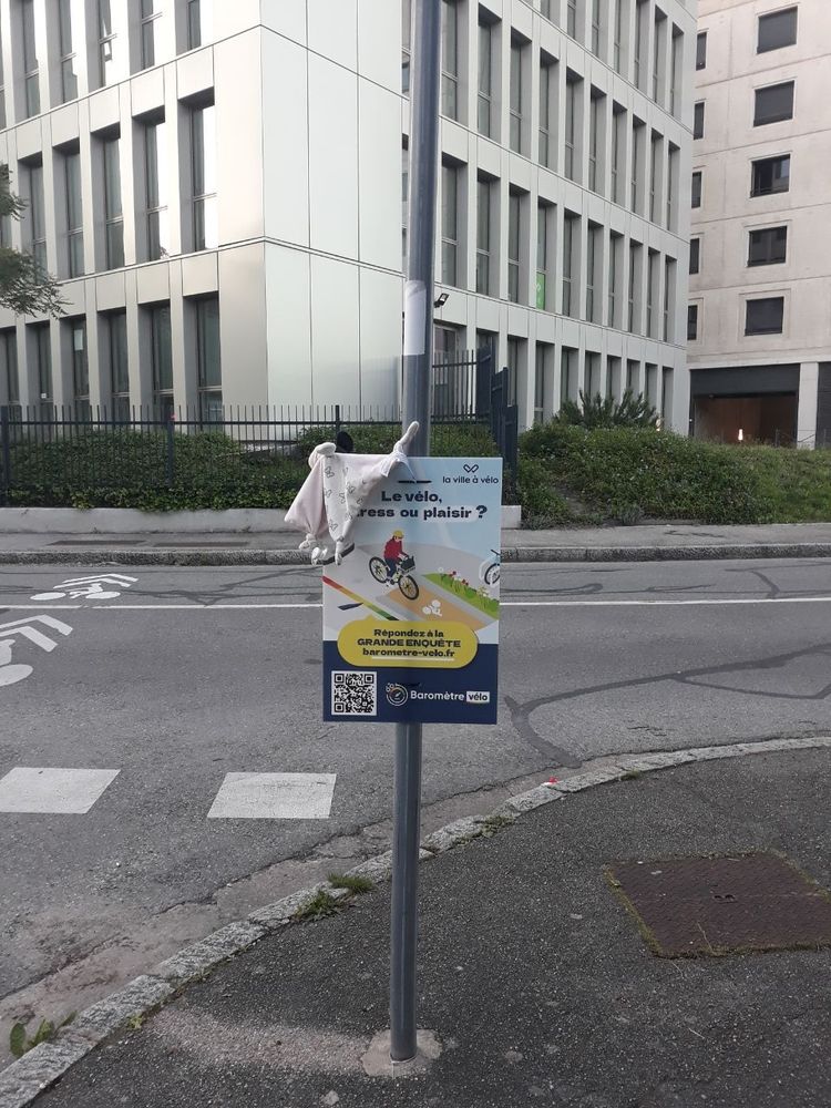 Photo d'un doudou perdu posé sur un panneau du baromètre vélo dans la rue