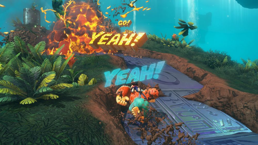 Donkey Kong and Pauline traipse about the Underground World as Pauline blows things up by screaming "YEAH!" and "YEAH!" and "GO!" really loudly. Screenshot from Donkey Kong Bananza.