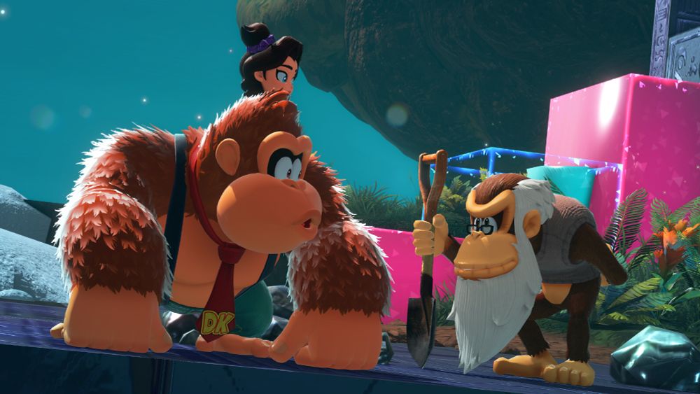 Donkey Kong and the young Pauline talk to Cranky Kong. Screenshot from Donkey Kong Bananza.