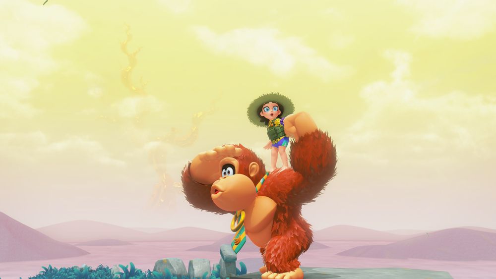 Against a yellow-green sky, Donkey Kong and the young Pauline look out at a scenic view of the Underground World's Hilltop Layer. Screenshot from Donkey Kong Bananza.