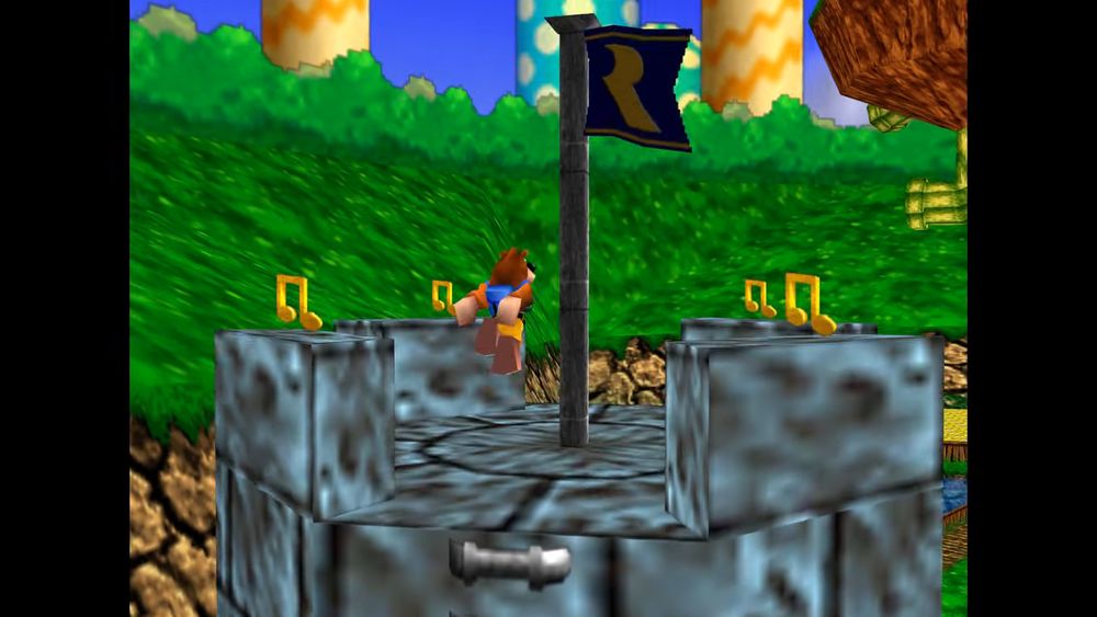 Banjo climbs a tower in the Mushroom Kingdom with a Rare Ltd. flag flying on top. Screenshot from the Nostalgia 64 mod.