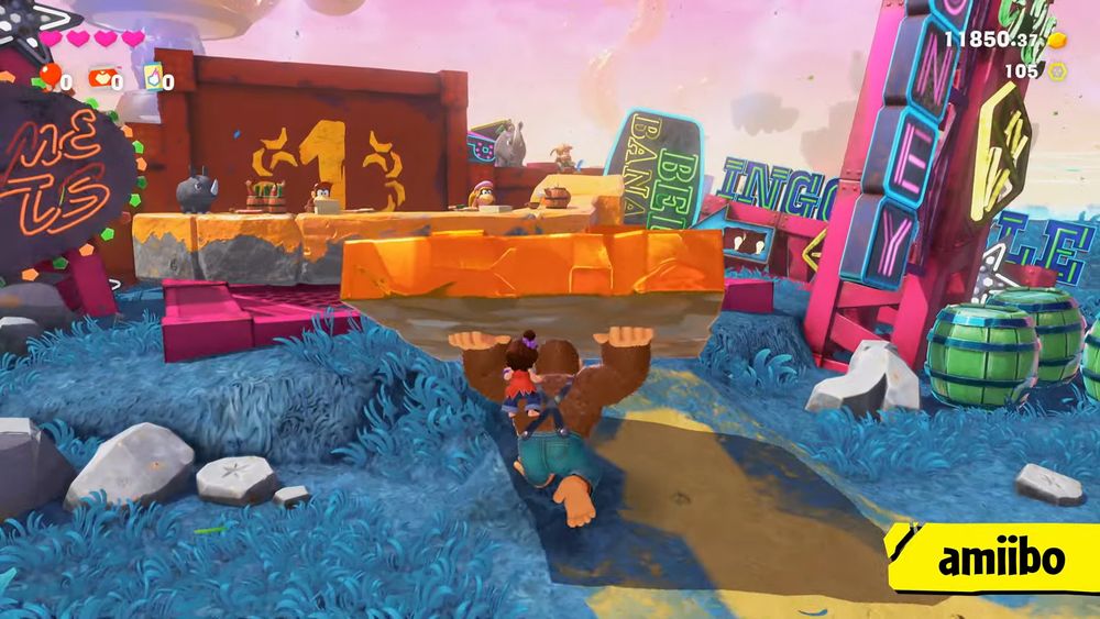 Diddy, Dixie, and Rambi in Ingot Isle ruins in the Underground World. Screen grab from the Donkey Kong Bananza Direct.