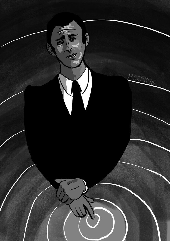 Black and white illustrations of Rod Serling as he appears as the Twilight Zone Original Series' (1959-1963) opening narrator. He is floating in a void, his suit a solid black without any light hitting it, and where the tip of his pointer finger of his folded hands hovers, a white spiral radiates out, reminiscent of the show's iconic black and white spiral motif from the series opening.