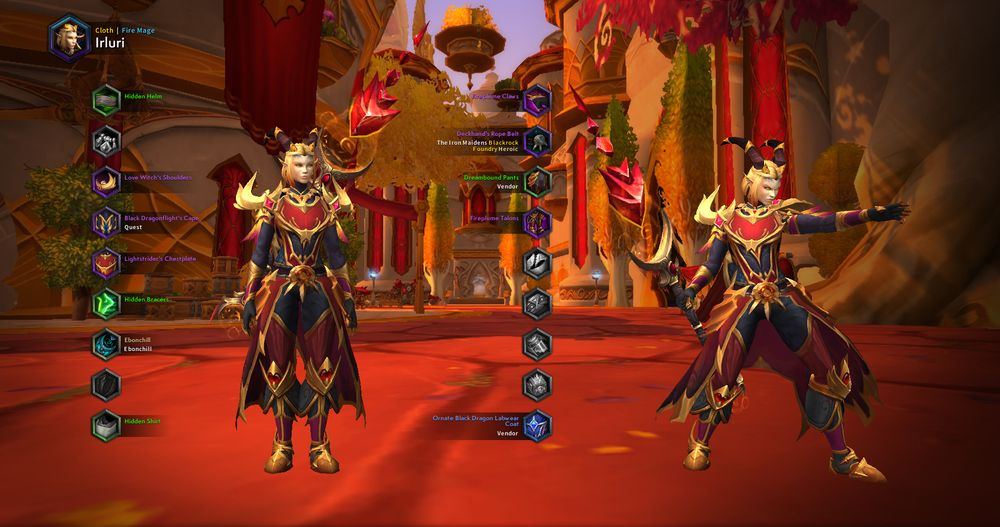A world of warcraft screenshot, showing a female character with pointy ears blonde hair and dragon horns, the purpose of that screenshot is showing the armor, which is gold, red and black, looking a bit like armor a blood elf would wear.
