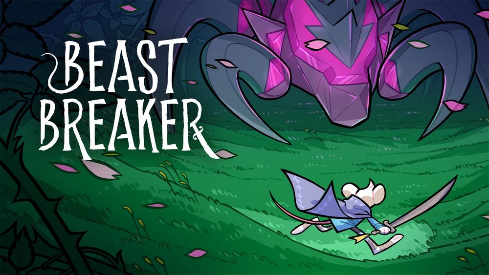 Key art for Beast Breaker - a little mouse with a sword is in the foreground facing a giant spider-like mosaic beast
