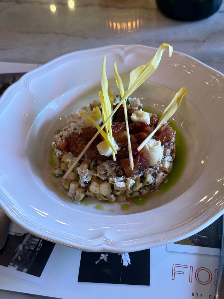 Pork belly with corn, basil and burrata at Fiorella in Philadelphia
