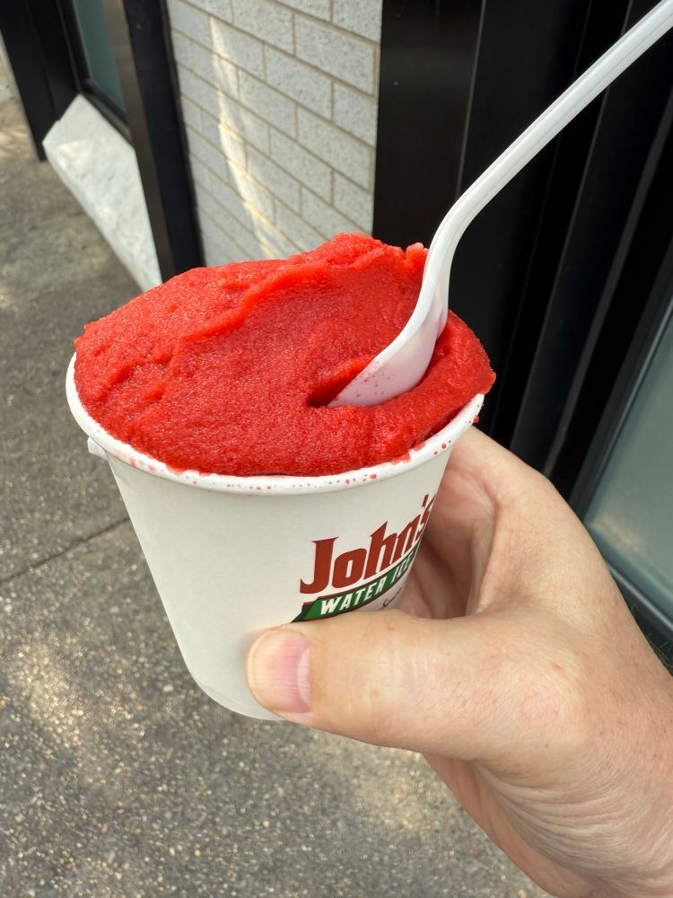 A cherry water ice from John’s Water Ice