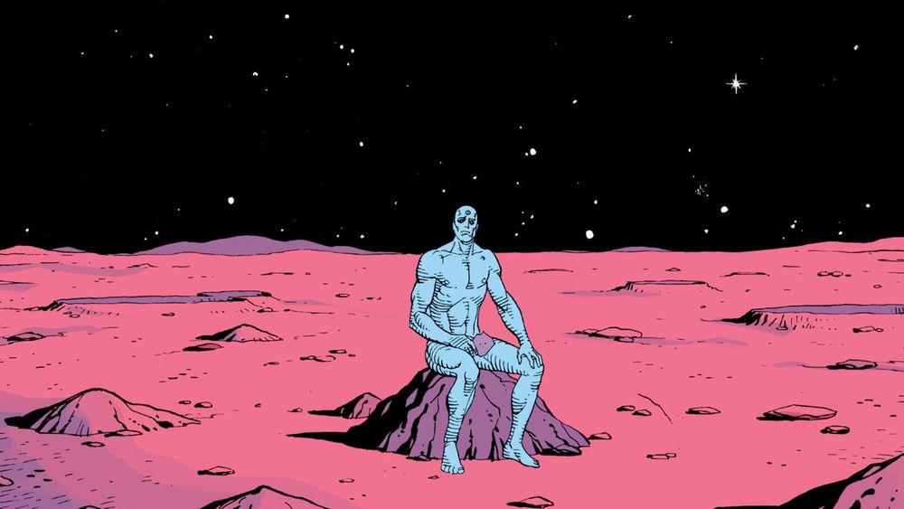 Doctor Manhattan from the Watchmen comic books, sitting on Mars