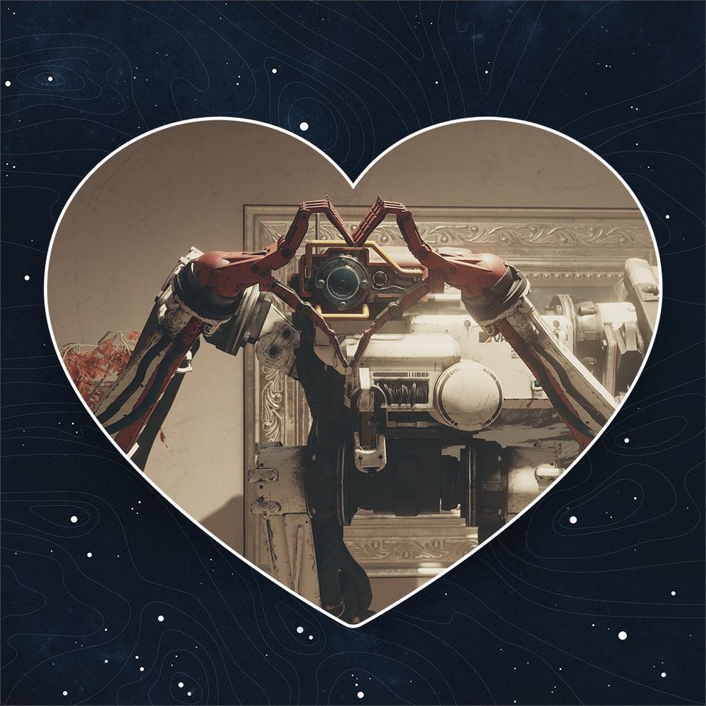 vasco the robot from starfield holds his hands up in a heart shaped, in a heart shaped photo frame