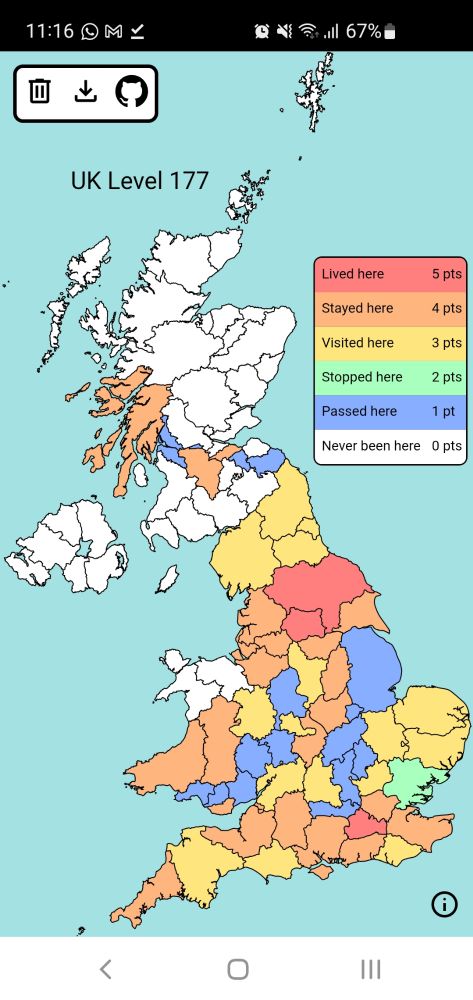A picture of the UK, with counties I've lived in highlighted in red, stayed in orange, visited in yellow, stopped in green, passed through on blue and never been in white. Northern Wales, Northern Ireland and most of Scotland (apart from Edinburgh, Glasgow, and argyll and bute) are white. There are stripes of blue up the centre of England.