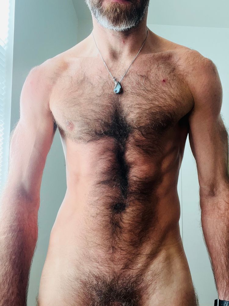Hairy man torso and bush