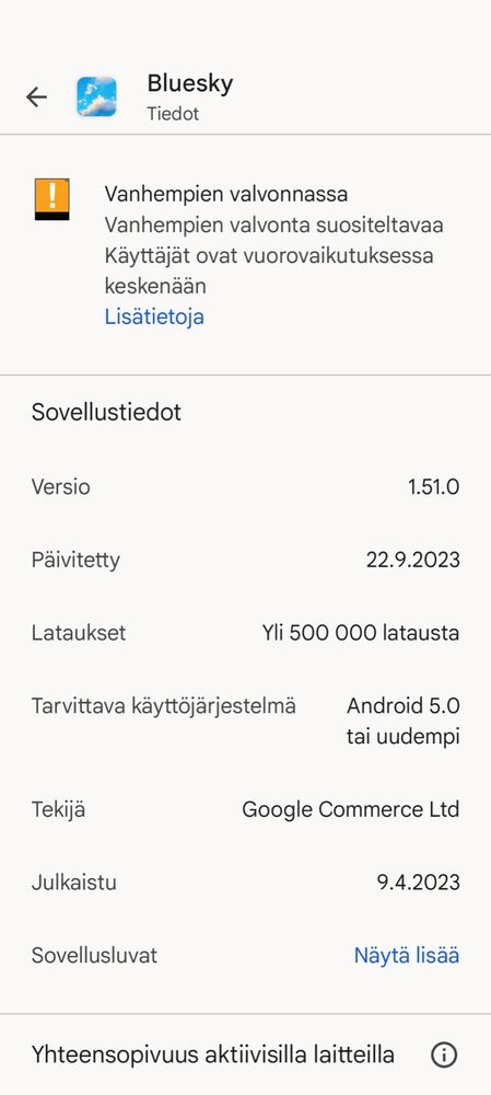 Ruutukaappaus sovelluksen tiedoista Play Storessa