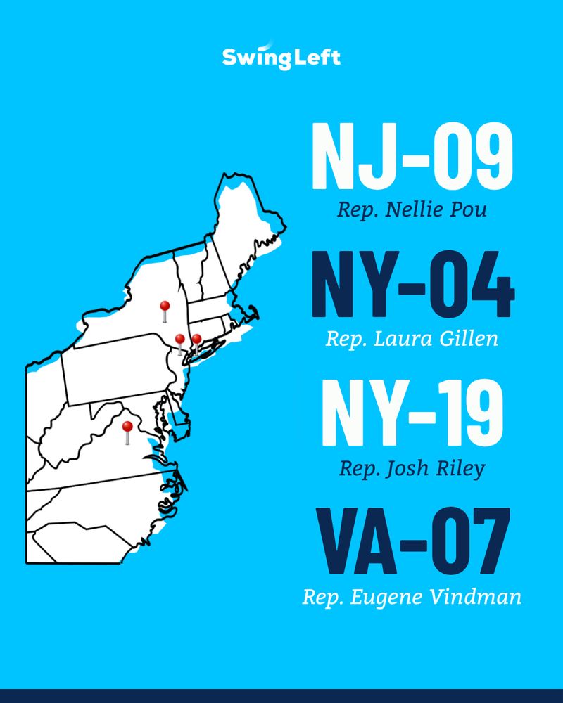 Swing Left graphic highlighting East Coast must-hold House districts for 2026. Text lists NJ-09, Rep. Nellie Pou; NY-04, Rep. Laura Gillen; NY-19, Rep. Josh Riley; and VA-07, Rep. Eugene Vindman. A map of the northeastern U.S. shows red pins marking district locations.