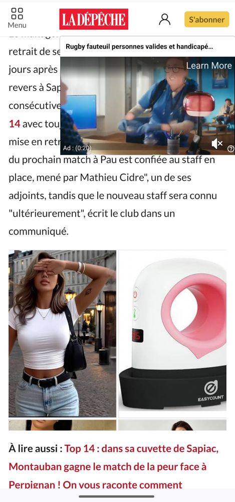 Capture d'écran d'un article web de La Dépêche noyé sous les écrans de pub affichés par le site