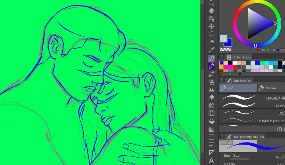Screenshot of an incomplete digital illustration of Shiro and long-haired Kuro in an embrace; there are faded sketch layers below the beginnings of the lineart, and the colors used are all very bright and contrasting. 