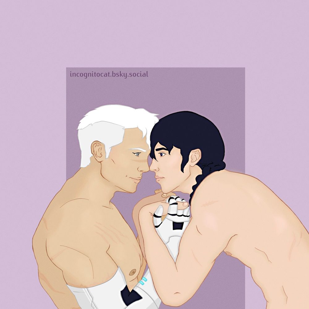 A drawing of Shiro and Keith touching foreheads and looking deeply into each other's eyes and smiling serenely. They are shirtless and holding each other's hands close to their chests.