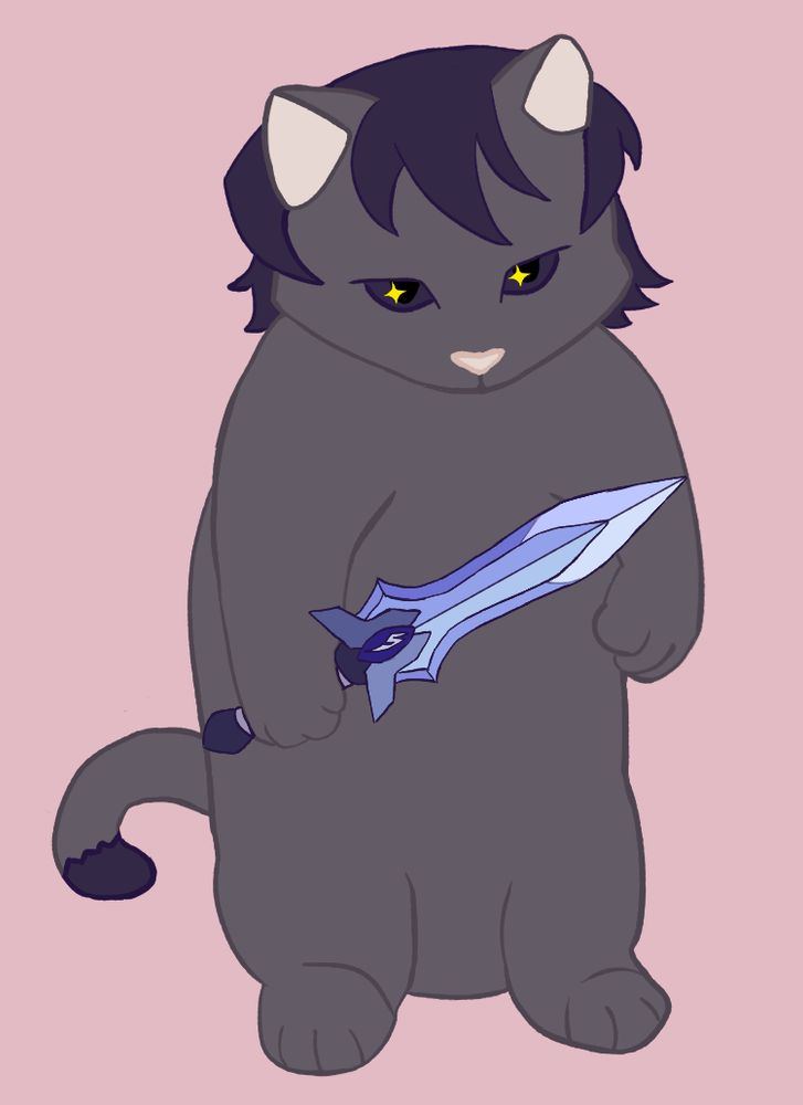 Art of Keith as the meme of a cute cat standing up menacingly; he's holding his blade and his eyes are sparkling with murderous intent