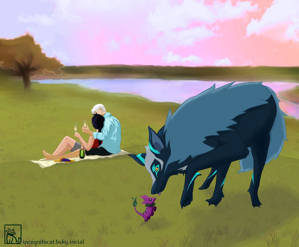 In the foreground, Kosmo is bending down and about to lick a tiny purple alien animal, who is stretching up to meet him. Behind them, Shiro and Keith have their backs to us; they are embraced and having a picnic. Each of them is holding a flute of champagne. They are all in a grassy field; there is a river further in the background and the sky is going from a very light blue to a pink-ish coral.