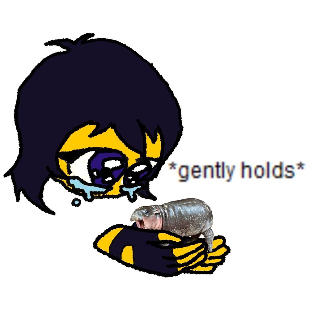 Keith as the *gently holds* emoji blob holding a tiny Moo Deng, who is probably about to bite his finger off, but he doesn't mind, she's too precious