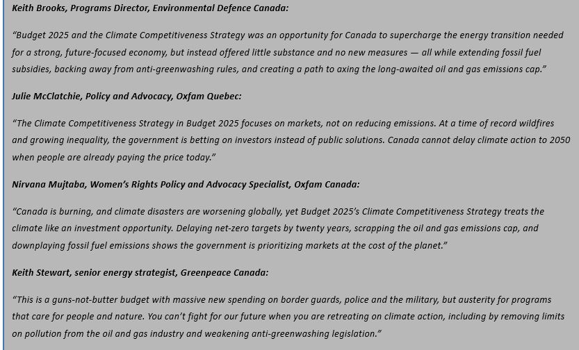 Keith Brooks, Programs Director, Environmental Defence Canada:

“Budget 2025 and the Climate Competitiveness Strategy was an opportunity for Canada to supercharge the energy transition needed for a strong, future-focused economy, but instead offered little substance and no new measures — all while extending fossil fuel subsidies, backing away from anti-greenwashing rules, and creating a path to axing the long-awaited oil and gas emissions cap.”

Julie McClatchie, Policy and Advocacy, Oxfam Quebec:

“The Climate Competitiveness Strategy in Budget 2025 focuses on markets, not on reducing emissions. At a time of record wildfires and growing inequality, the government is betting on investors instead of public solutions. Canada cannot delay climate action to 2050 when people are already paying the price today.”

Nirvana Mujtaba, Women’s Rights Policy and Advocacy Specialist, Oxfam Canada: 

“Canada is burning, and climate disasters are worsening globally, yet Budget 2025’s Climate Competitiveness Strategy treats the climate like an investment opportunity. Delaying net-zero targets by twenty years, scrapping the oil and gas emissions cap, and downplaying fossil fuel emissions shows the government is prioritizing markets at the cost of the planet.”

Keith Stewart, senior energy strategist, Greenpeace Canada:

“This is a guns-not-butter budget with massive new spending on border guards, police and the military, but austerity for programs that care for people and nature. You can’t fight for our future when you are retreating on climate action, including by removing limits on pollution from the oil and gas industry and weakening anti-greenwashing legislation.”