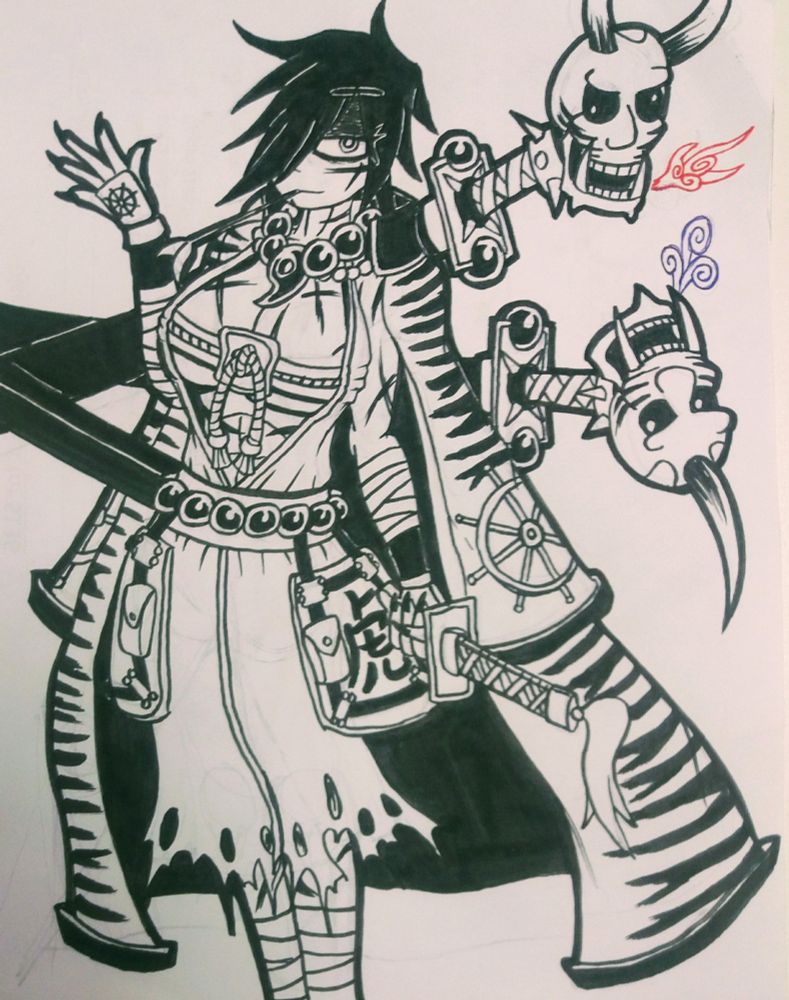 A samurai looking woman with stonking great oni swords at her back and other giant weapons at her front. Her name is Mutsumi; a self titled Onimusha who developed an addiction to killing after having to defend her family from bandit and beast alike. Outside of the murder boner and needing to rub someone out every few days, she's actually kinda chill and fairly casual