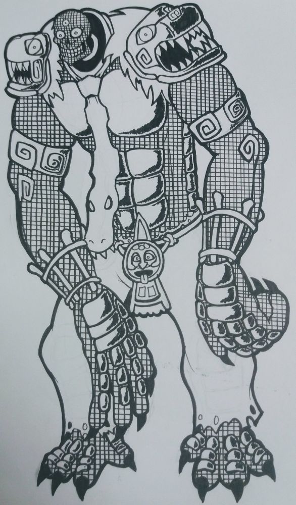 A big chunky Demon from May and mythos; a demonic giant covered in jade coloured mosaic tiles and baring some crocodilian elements to his form. He has a comparatively tiny tiny head. His is Cabrakan; The Destroyer who heads a demolitions company in this modern Hell, while his brother Zipacna heads a construction company meant to replace  the demolished ones