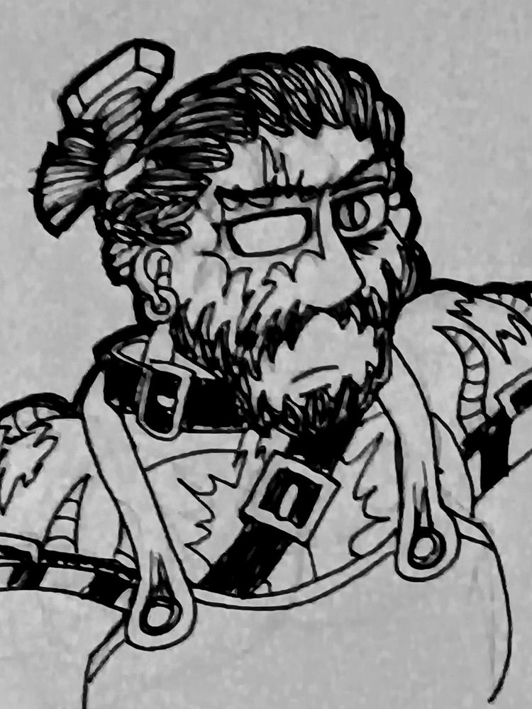 Sketch of a Frankenstein's Monster looking mofo with huge mechanical arms and an apron that totally isn't made of people