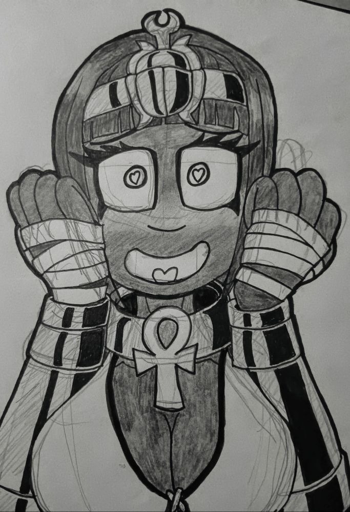 An Egyptian styled young lady with dark skin, blushly deeply and being enamoured by the viewer because she's a hopeless bisexual who develops immediate attraction toward anyone remotely pretty. She is already planning your first date in her head