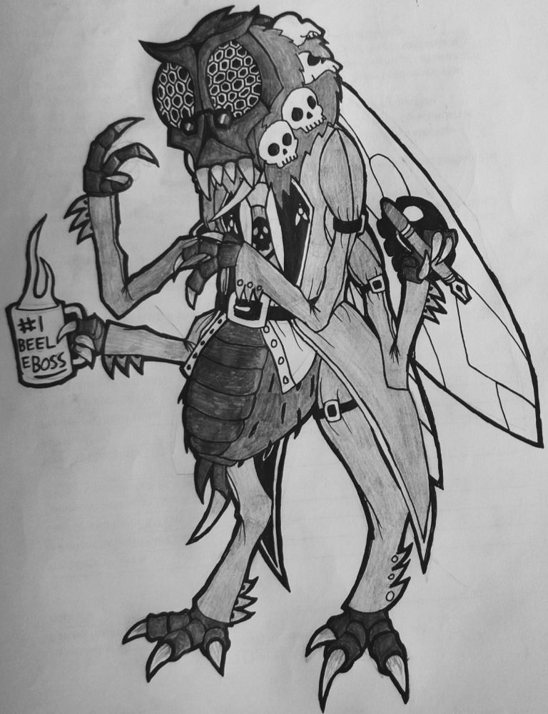 A giant insect Demon in a fitted business suit, using multiple limbs to hold a fountain pen and his coffee mug. He is Beelzebub; Lord Of The Flies and big boss in the amalgamated corporate Hell that makes up his setting. He has the voice of an old grandad and enjoys lying to young demons for shits and giggles. He keeps a pig's head on a stick in the mini-fridge of his office