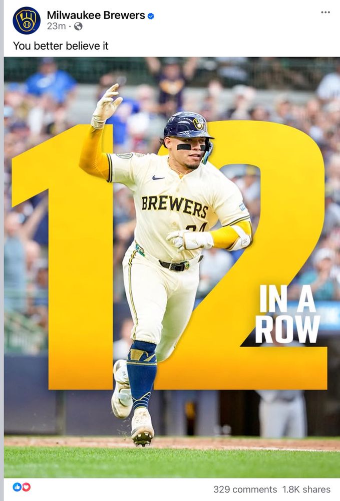 12 wins in a row for the Milwaukee Brewers 