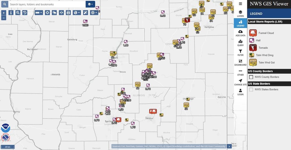 Map of central Illinois storm reports on May 15.
