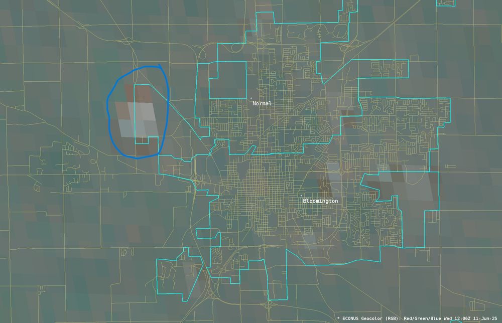 Geocolor satellite data from GOES-19 of the Bloomington/Normal IL area, with Rivian plant highlighted