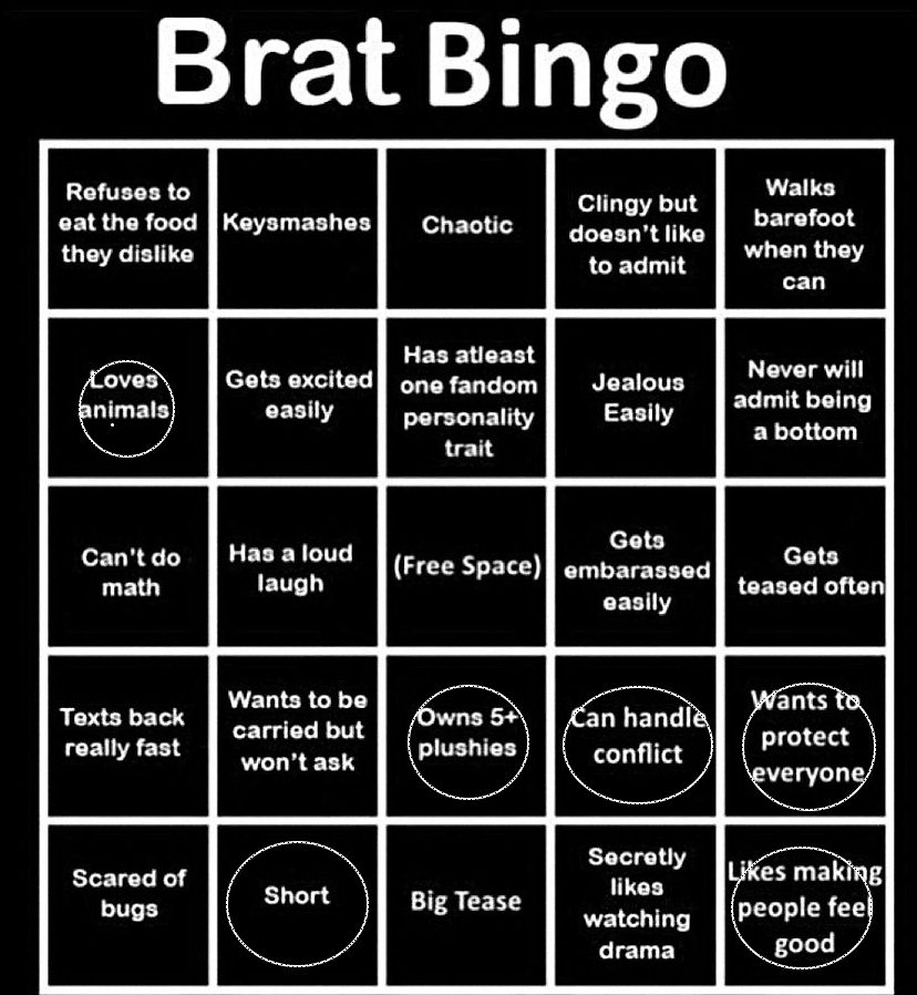 'Brat Bingo' with my own traits selected: Loves animals, owns plushies, can handle conflict, wants to protect everyone, short, and likes making people feel good. That's it, no bingo. Whew.