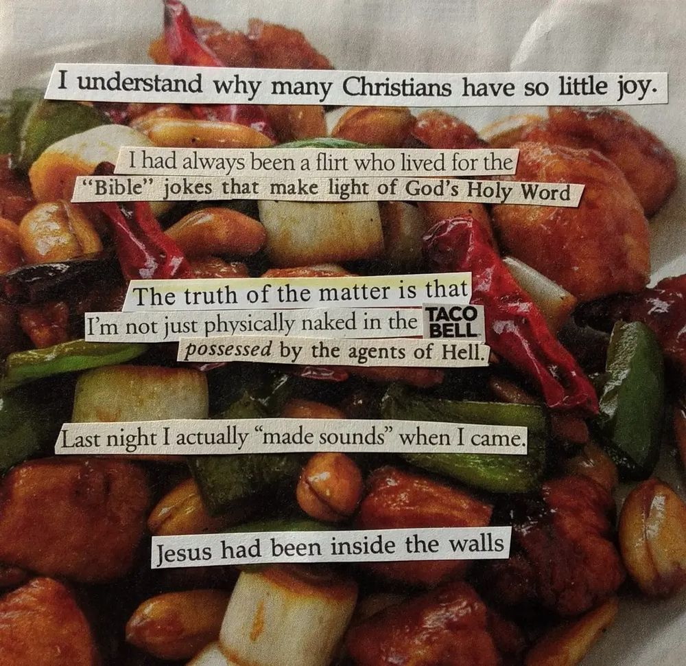 Religious abstinence book cutouts are pasted onto a background of stir fry. The text reads, "I understand why Christians have so little joy. I had always been a flirt who lived for the Bible jokes that make light of God's holy word. The truth of the matter is that I'm not just physically naked in the Taco Bell possessed by the agents of hell. Last night I actually made sounds when I came. Jesus had been inside the walls."