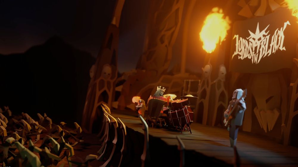 multiple characters from the game "Diplomacy is not an Option" playing in a death metal band on stage in front of various ghouls and undead. This is a city builder, what is happening?