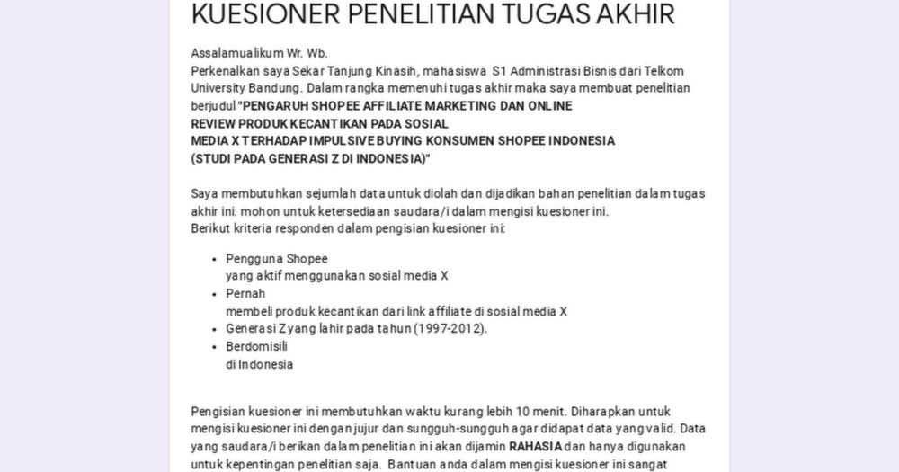 KUESIONER PENELITIAN TUGAS AKHIR